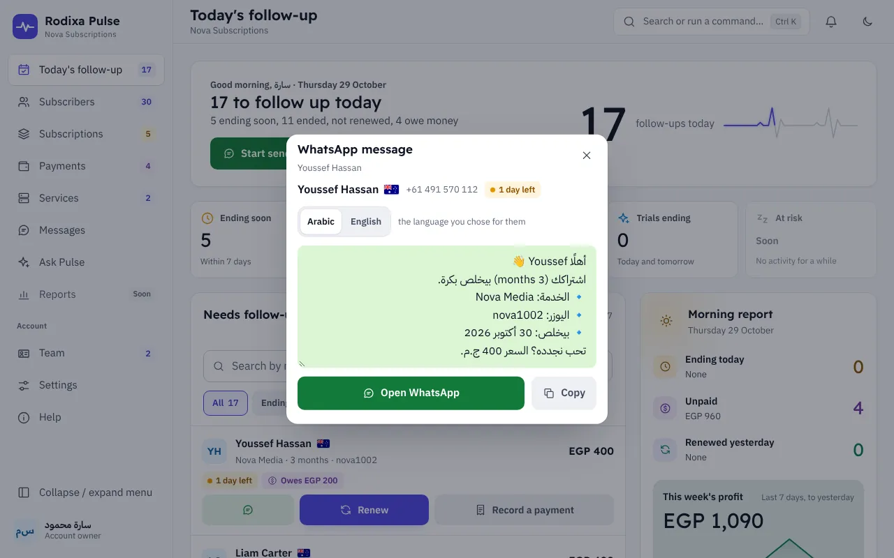 A WhatsApp message, ready — Digital subscriptions reseller